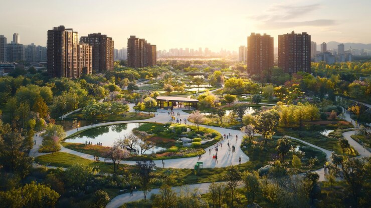 Parco urbano verde che collega gli edifici residenziali al tramonto