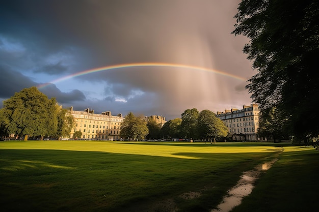 Parco verde con arcobaleno IA generativa