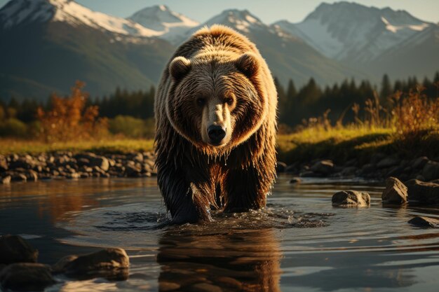 Pardo Bear osserva il crepuscolo nel crepuscolo in una foresta generativa IA