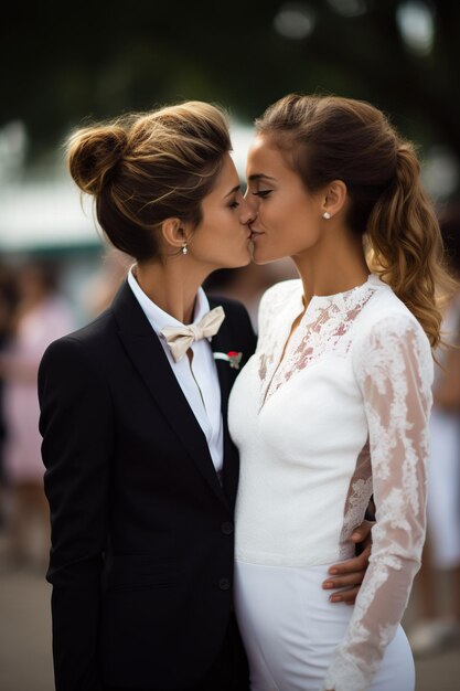 Pareja de chichas lesbianas LGTBY en el dia de su boda