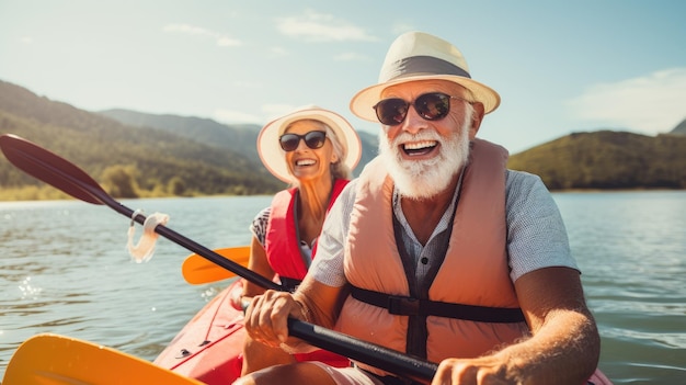 Pareja de hombre y mujer seniors navegando en canoa por un lago entre montanas en un dia soleado