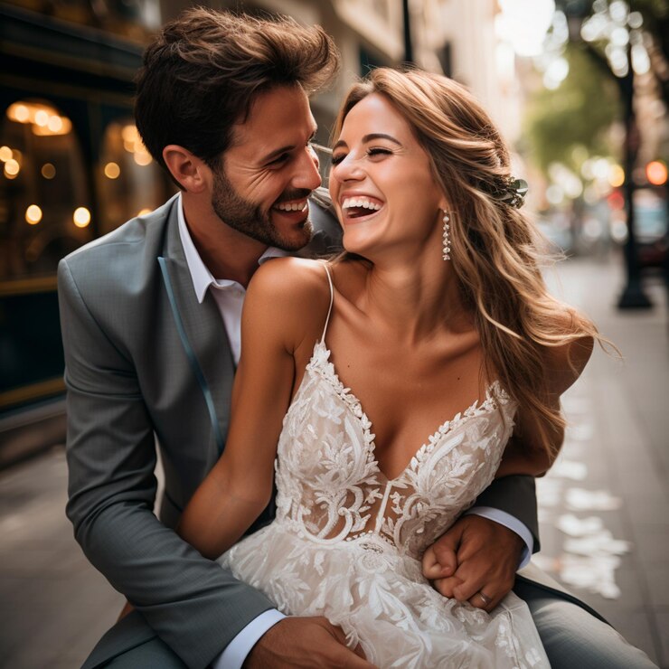 Foto pareja de recien casados felices