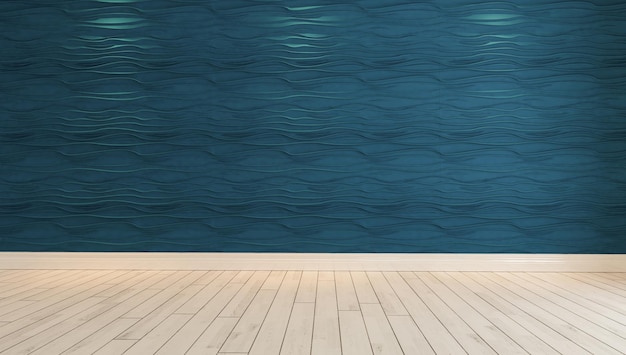 Parete a onde blu vuota con faretto e idea di design in parquet Rendering 3D di Sedat SEVEN