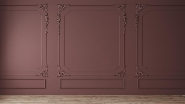 Parete a tono rosso con modellature in stile classico e pavimento in legno interno della stanza vuota rendering 3D