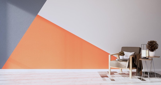 Parete arancione e grigia sul soggiorno con design colorato a due toni, rendering 3D