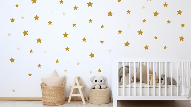 Parete bianca con adesivi a stelle dorate nell'interno della camera del bambino