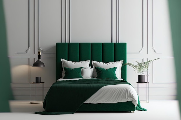 Parete bianca della camera da letto interna minimalista del letto verde della parete