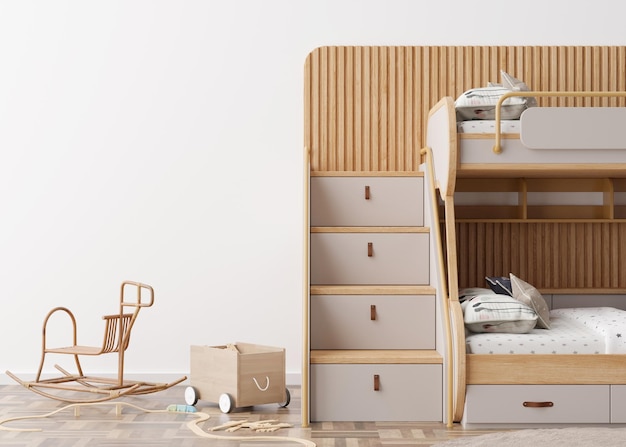 Parete bianca vuota nella moderna stanza dei bambini Mock up interni in stile boho scandinavo Copia spazio per la tua foto o poster Letto giocattoli cavallo a dondolo in rattan Camera accogliente per bambini Rendering 3D