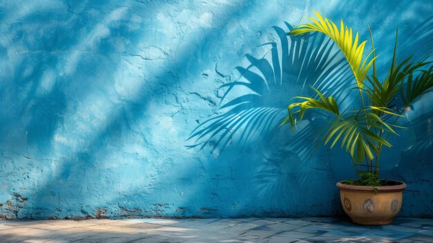 Parete blu chiaro con delicate ombre di foglie di palma sfondo minimo e astratto ideale per le presentazioni di prodotti primavera e estate vibrazione AI Generative