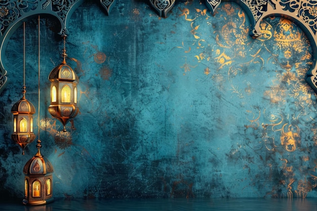 Parete blu con lampade appese concetto di eid al fitr
