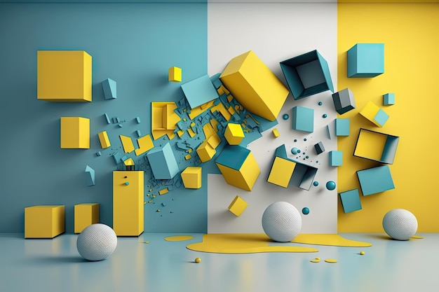 Parete blu gialla con collage di arte moderna di cubi colorati creati con intelligenza artificiale generativa