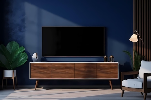 Parete blu scuro in notturna hanno la TV su armadietto in legno in soggiorno con divano