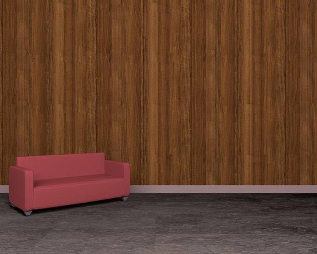 Parete di legno d&#39;annata e sofà rosso sul pavimento, rappresentazione 3D