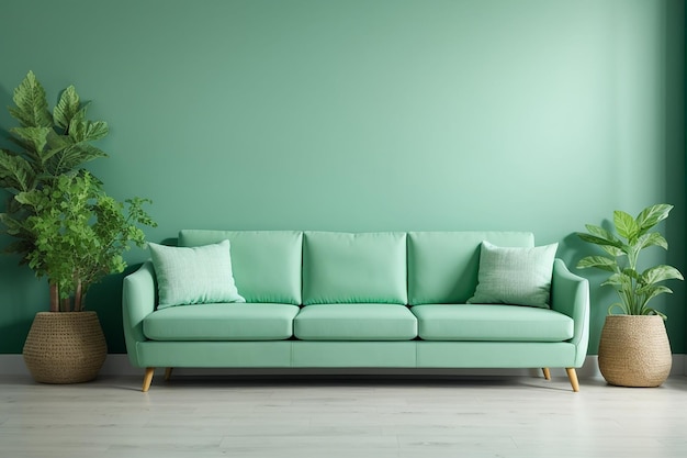 parete di menta verde con divano e comodino su pavimento di legno interno