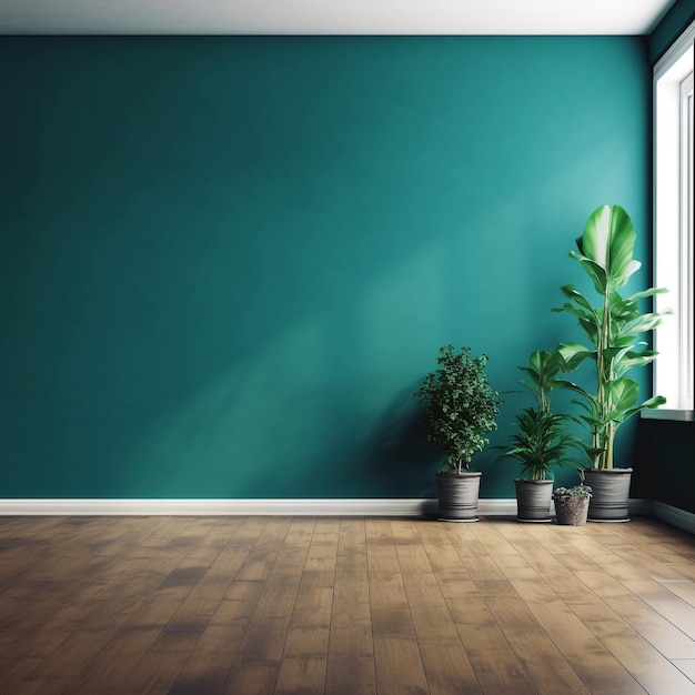 Parete dipinta verde acqua e pavimento in legno stanza vuota con piani tropicali IA generativa
