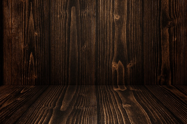 Parete e pavimento di legno scuri del grunge di lerciume. struttura di legno. superficie, sfondo dello schermo, mettere il prodotto.