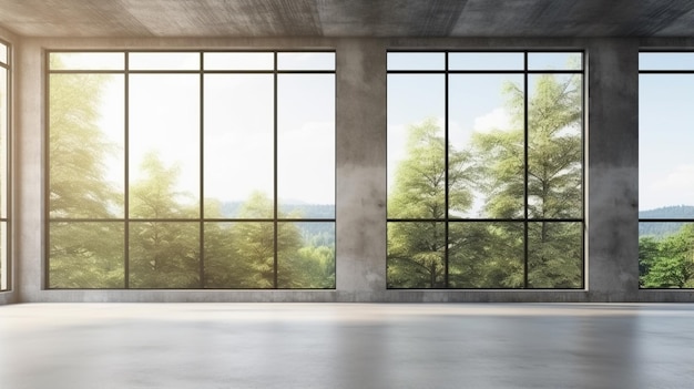 Parete e soffitto in stile loft moderno grande finestra per vedere la vista della natura