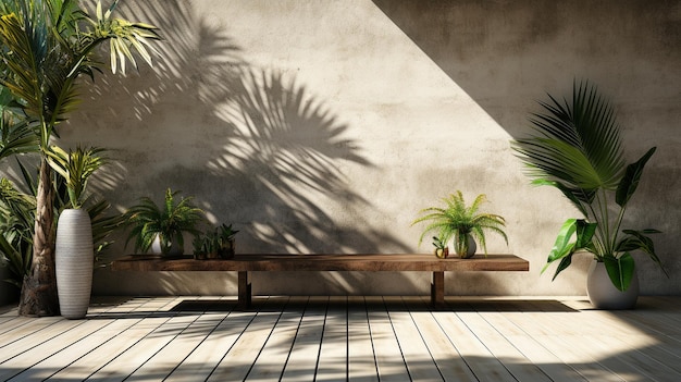 Parete esterna in cemento senza decorazione e una rappresentazione 3D di un giardino tropicale e di un albero con il sole