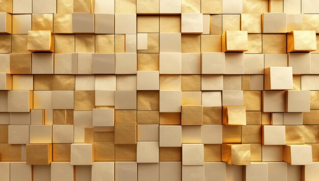 Parete geometrica di lusso con consistenza dorata e moderno cubo di metallo