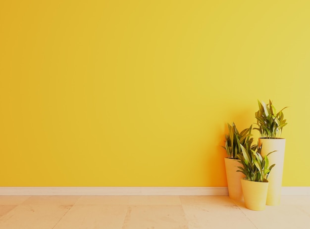 Parete gialla con superficie del pavimento in ceramica bianca vaso giallo e piante sotto effetto luce solare rendering 3D realistico