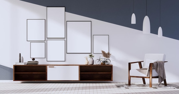 Parete grigia e bianca sul soggiorno con design colorato a due toni e rendering 3D