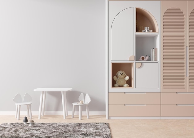 Parete grigia vuota nella moderna stanza dei bambini Mock up interno in stile scandinavo contemporaneo Copia spazio per la tua immagine o poster di opere d'arte Tavolo con sedie giocattoli Stanza accogliente per bambini Rendering 3D