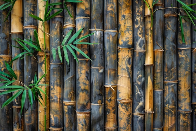 Parete in bambù a consistenza ricca di modelli naturali con foglie verdi come sfondo o eco-friendly
