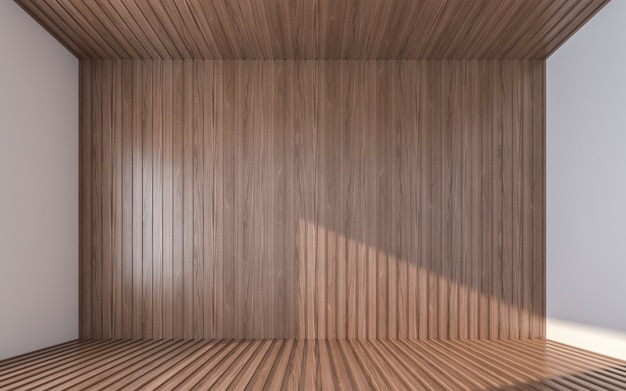 Parete in legno vuota su pavimento e soffitto in legno. rendering 3d