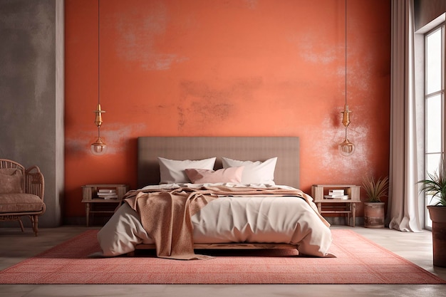 Parete in terracotta con biancheria da letto in corallo arancione o salmone e stucco in gesso grigio Interni domestici o alberghieri