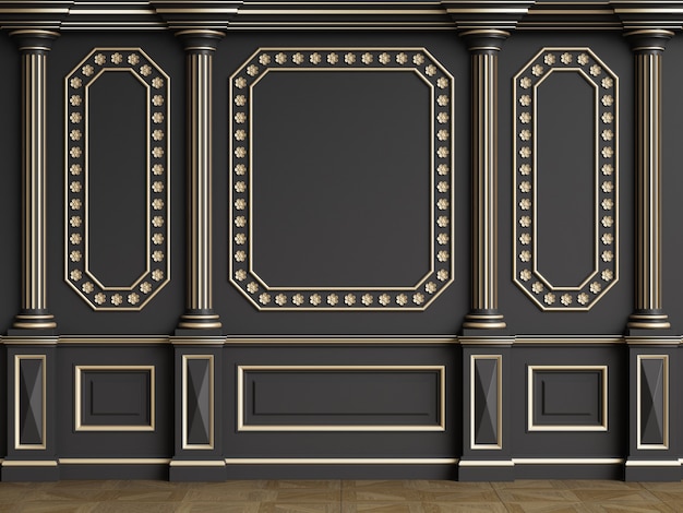 Parete interna classica con modanature.Pavimento in parquet a spina di pesce.Rendering digitale illustration.3d