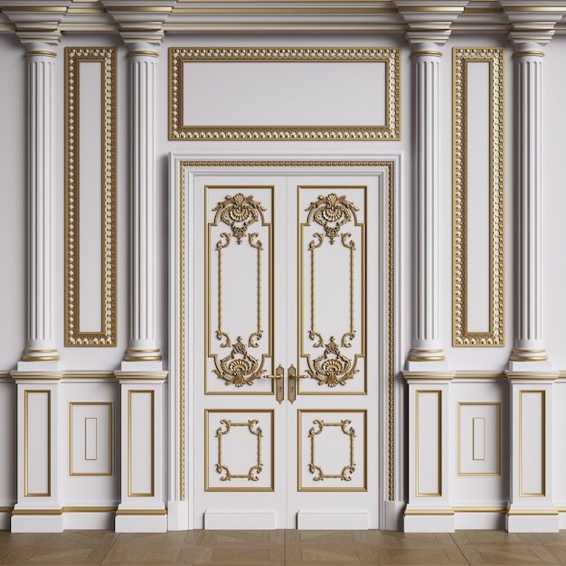 Parete interna classica con modanature.Pavimento in parquet a spina di pesce.Rendering digitale illustration.3d