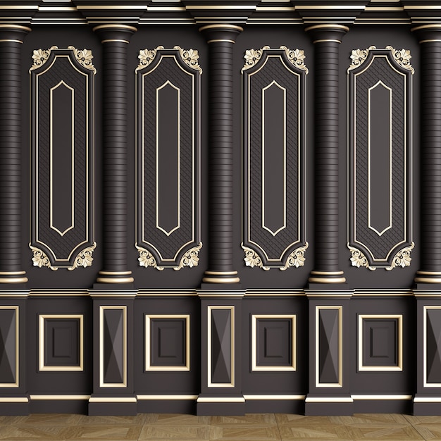 Parete interna classica con modanature.Pavimento in parquet a spina di pesce.Rendering digitale illustration.3d