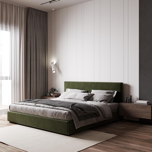 Parete interna della camera da letto mock up muro bianco in stile minimalista letto verde 3d rendering