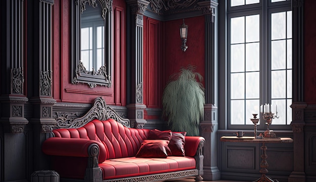 Parete interna scura con stampi in legno e decorazioni intagliate in legno e divano rosso Vecchio stile interno vittoriano classico Generato ai