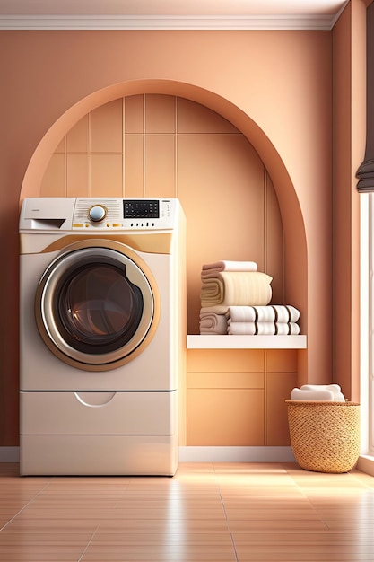 Parete marrone beige bianca con porta ad arco per la lavanderia cucina di design moderno con bancone