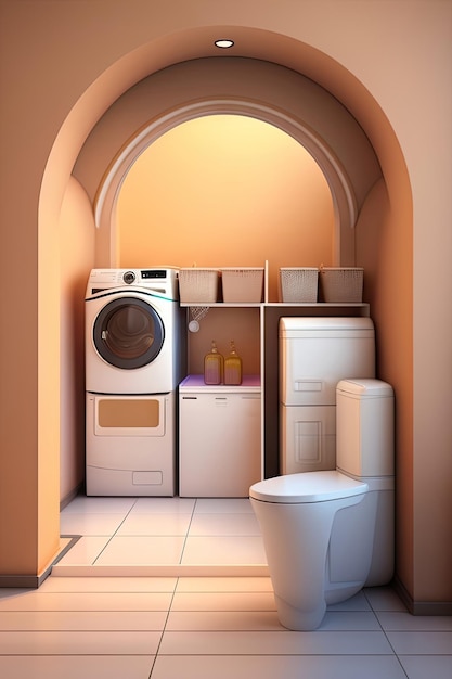 Parete marrone beige bianca con porta ad arco per la lavanderia cucina di design moderno con bancone