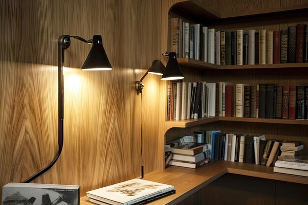 Parete rivestita di legno con scaffale integrato e lampada da lettura creata con ai generativi