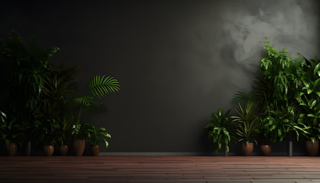 parete scura stanza vuota con piante su un pavimento
