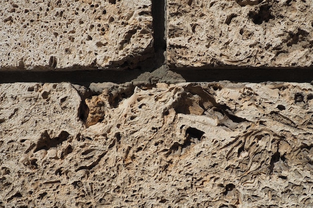 Parete strutturata rivestita con piastrelle di roccia conchiglia beige Primo piano di una parete fatta di roccia conchiglia antica Fori irregolarità di materiale da costruzione naturale Parete della chiesa a Banja Koviljaca Serbia
