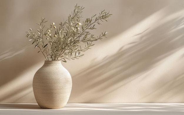 Parete texturizzata con ombre di un ramo d'olivo in un vaso di ceramica