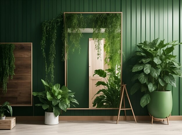Parete verde con pavimento in legno, specchio e pianta