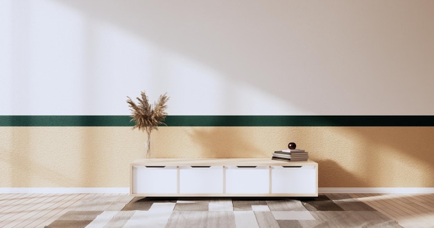 Parete verde scuro e marrone sul soggiorno con design colorato a due toni e rendering 3D