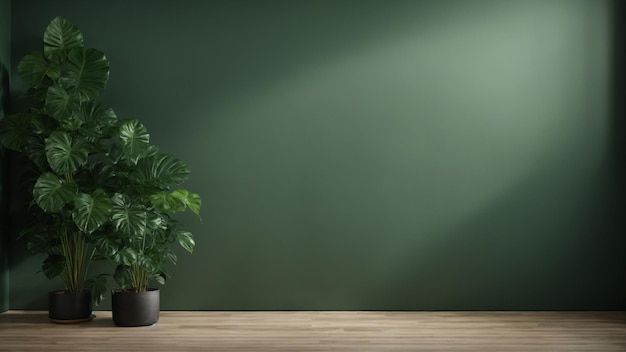 Parete verde scuro stanza vuota con piante su un pavimento rendering3d