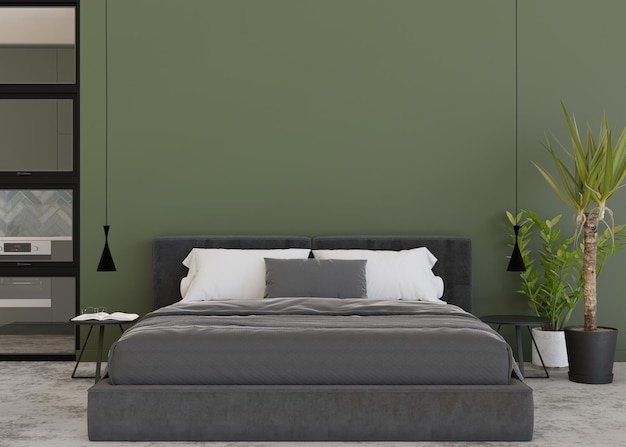 Parete verde vuota in una camera da letto moderna e accogliente Mock up interni in stile contemporaneo Spazio di copia gratuito per il testo dell'immagine o un altro design Lampade per piante da letto Rendering 3D