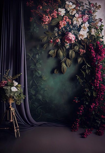 Parete vintage scura decorata con tende e fiori di seta