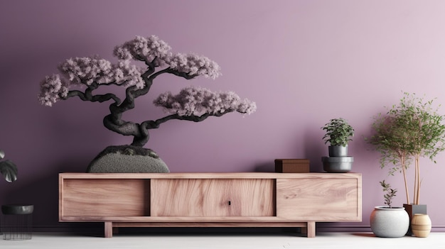 parete viola con un albero bonsai in un vaso e una pianta su uno scaffale ai generativa