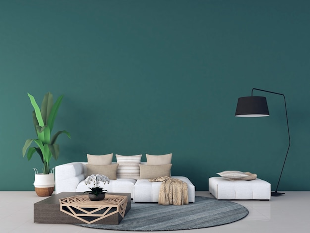 parete vuota per mockup soggiorno interno con divano e decorazione parete verde 3D render