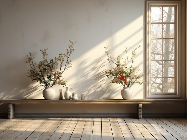 Pareti bianche stanza vuota con piante e finestre