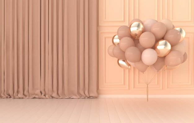 Pareti interne con un mazzo di palloncini e tende modanature ornate rendering 3d interni mock up