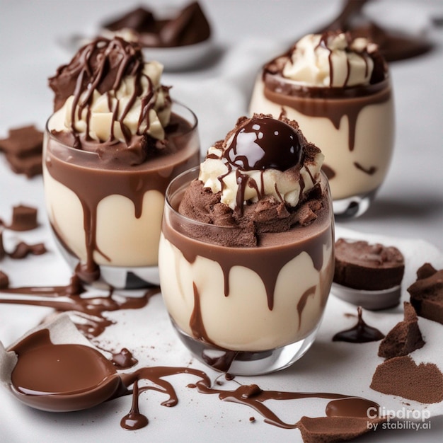 Parfait di mousse al cioccolato triplo su sfondo bianco